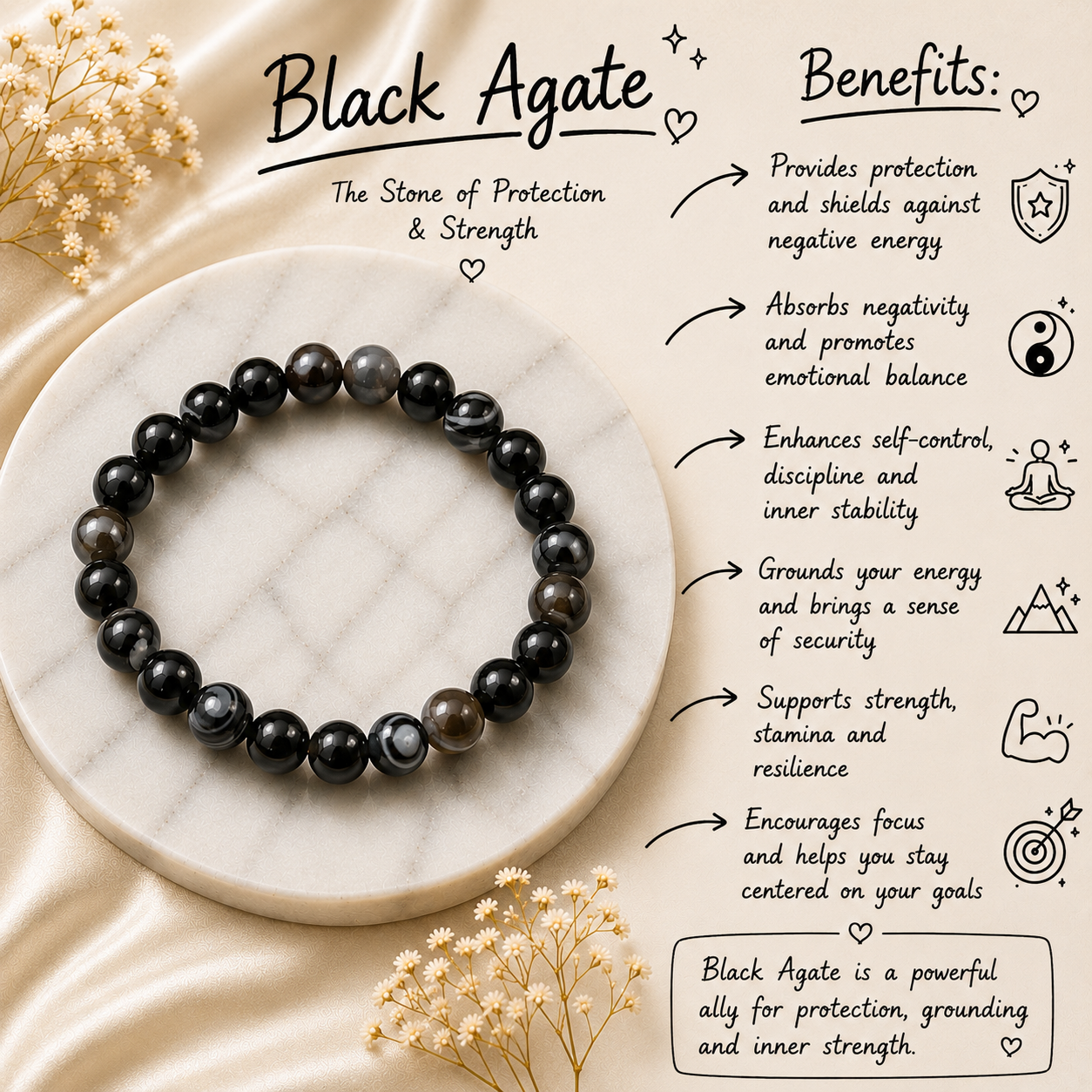 Black Agate Beads Bracelet